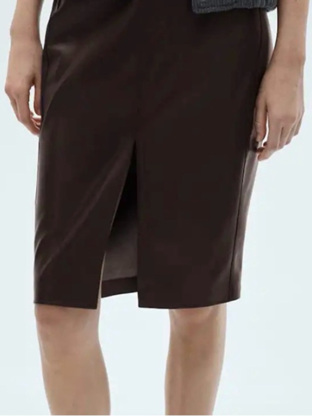 Mango Dark Brown Textured Pleather Pencil Skirt with front Slit